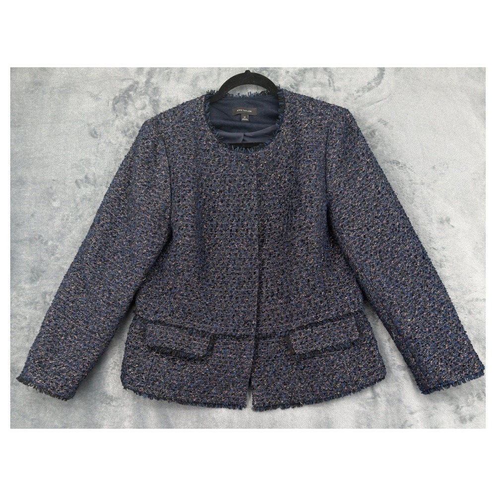 Ann Taylor Jacket Womens Size 14 Tall Navy Blue Tweed Fringe Office Professional